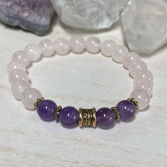 8mm Rose Quartz & Amethyst Gemstone Bracelet - Picture 2 of 4